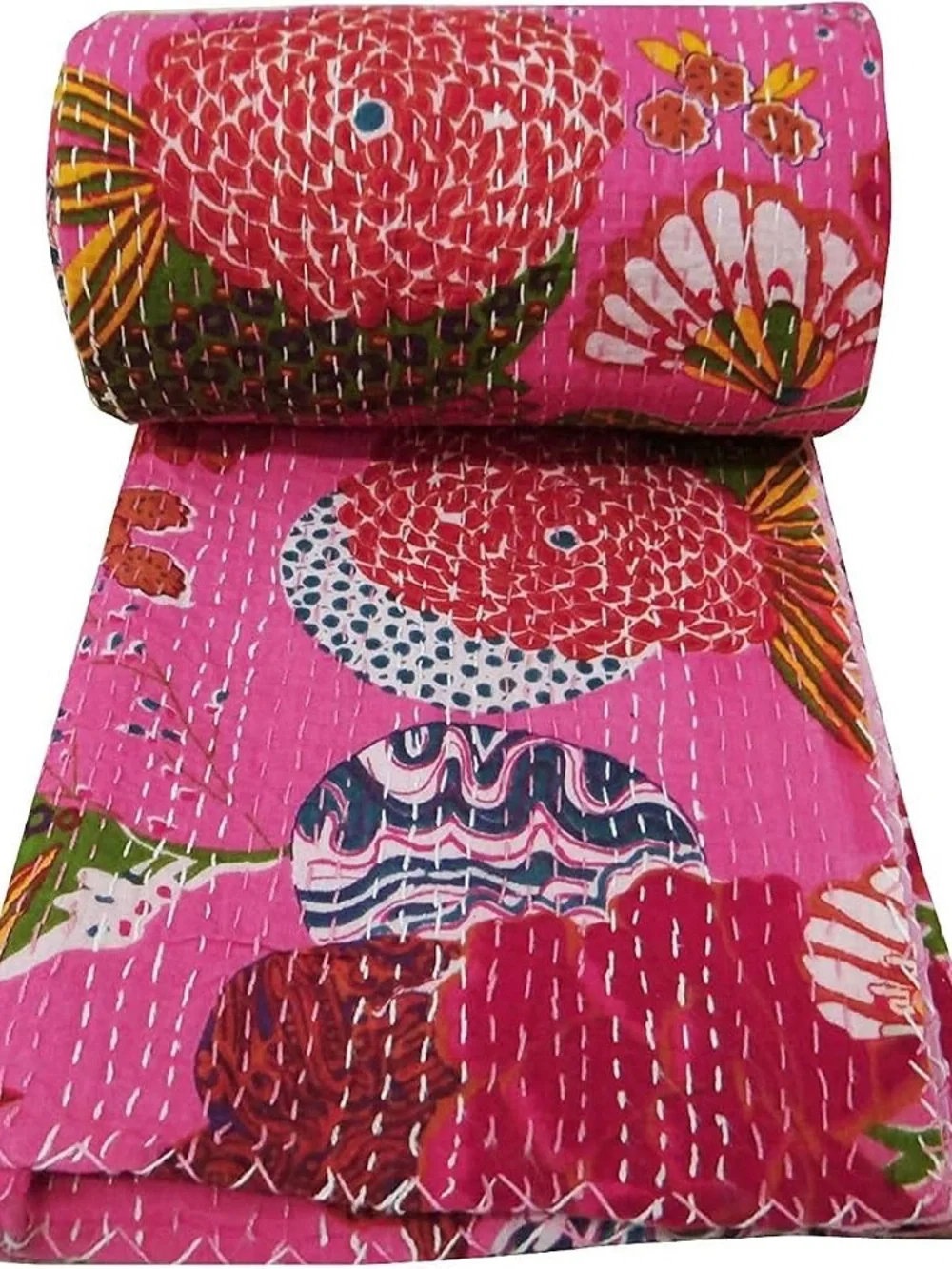 Pink Floral Kantha Quilt Reversible Hand Stitched Boho Throw Blanket